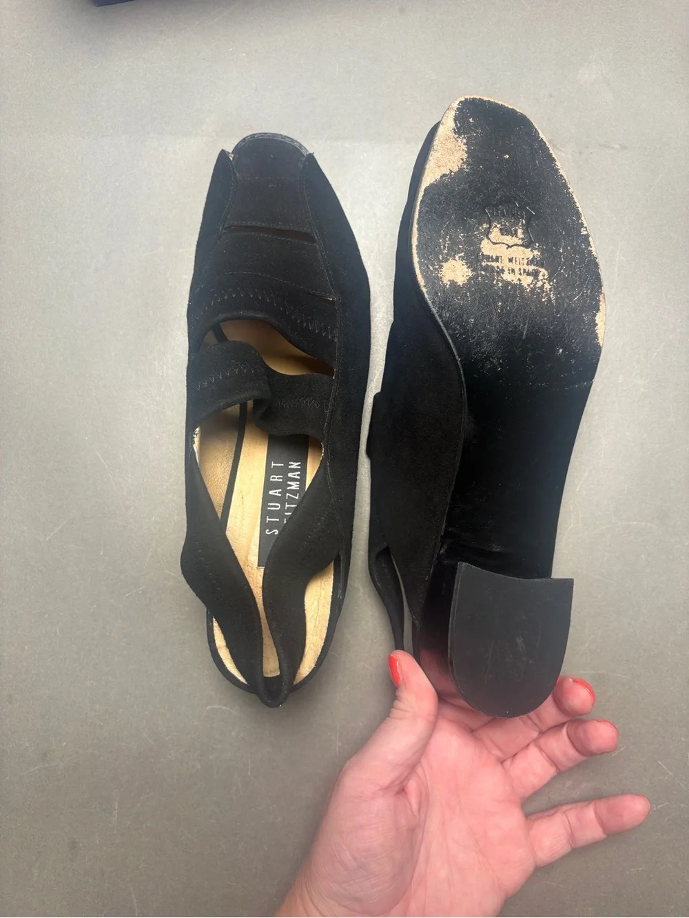 Stuart Weitzman Black Suede Peep-Toe Slingback Sandals